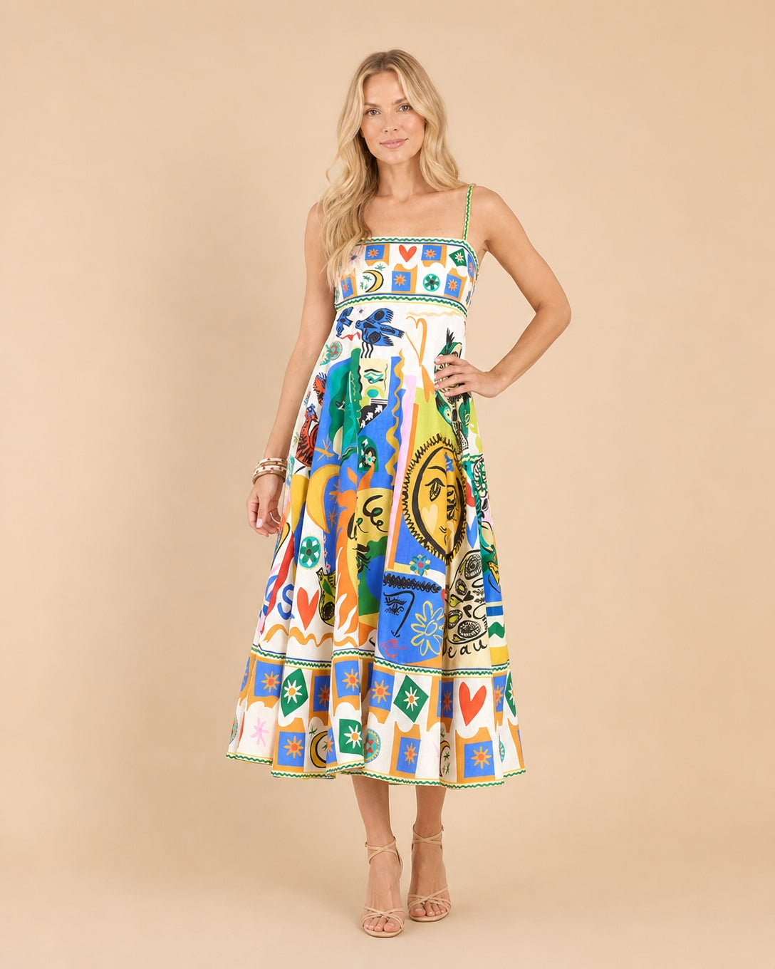Artistic Print Square Neck Maxi Dress Front View in White