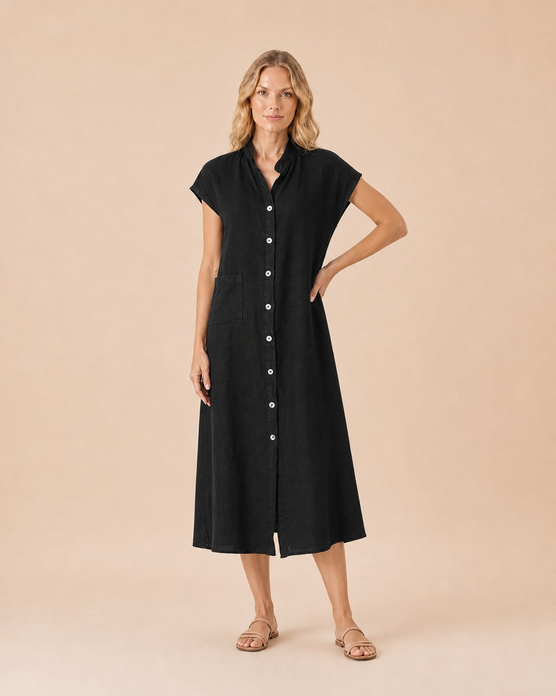 Button-Front Linen Midi Shirt Dress Front View in Black