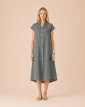 Button-Front Linen Midi Shirt Dress Front View in Grey