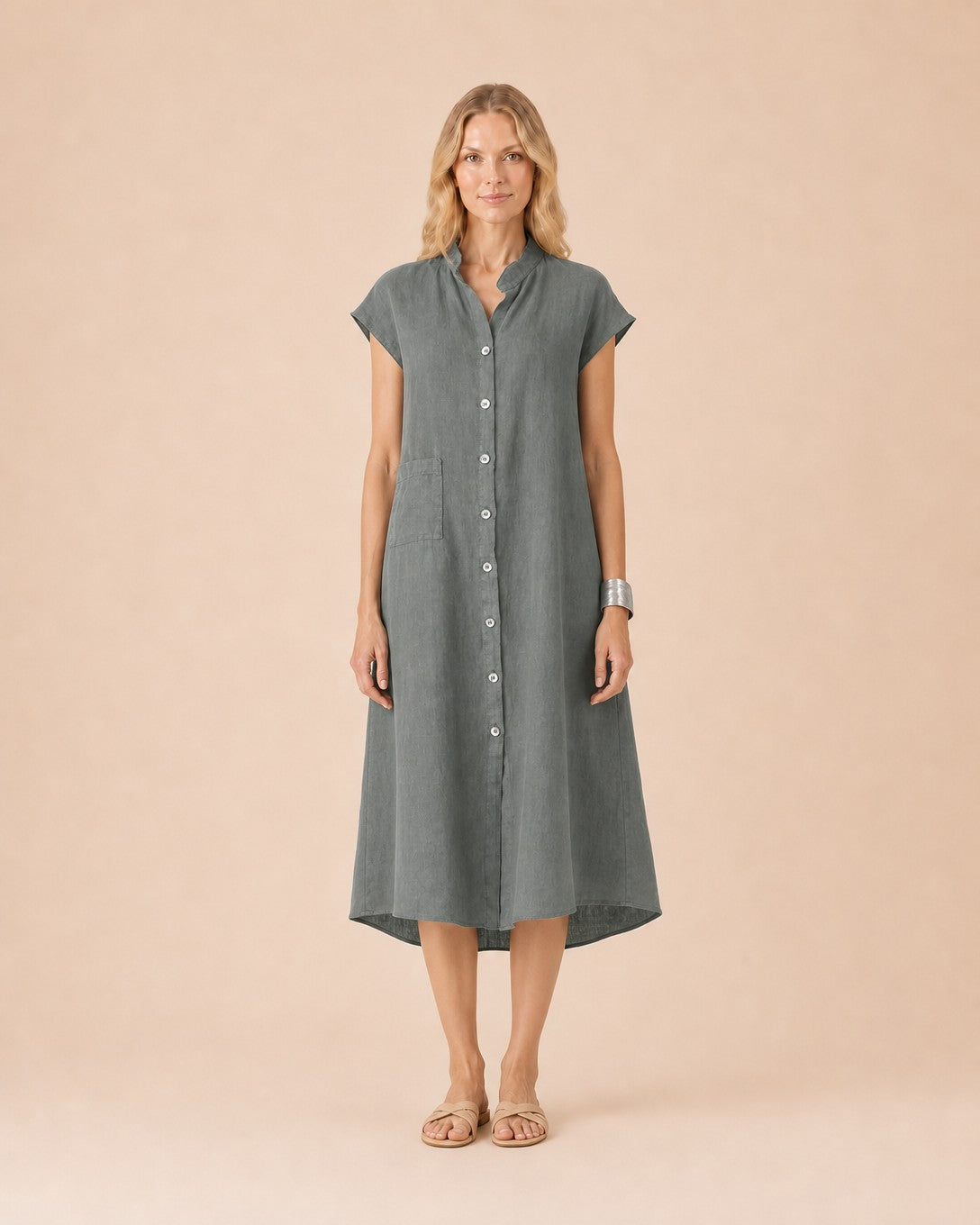 Button-Front Linen Midi Shirt Dress Front View in Grey