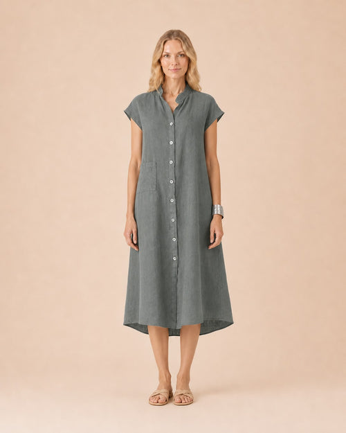 Button-Front Linen Midi Shirt Dress Front View in Grey