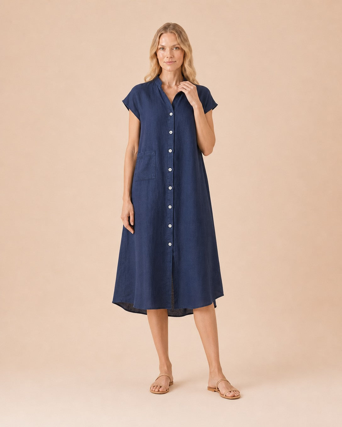 Button-Front Linen Midi Shirt Dress Front View in Navy