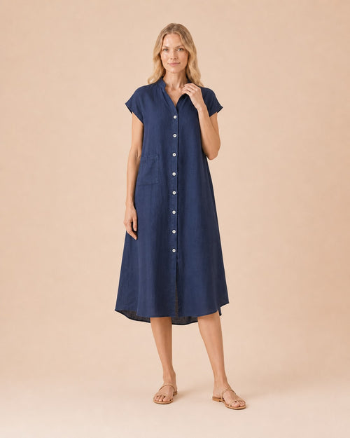 Button-Front Linen Midi Shirt Dress Front View in Navy
