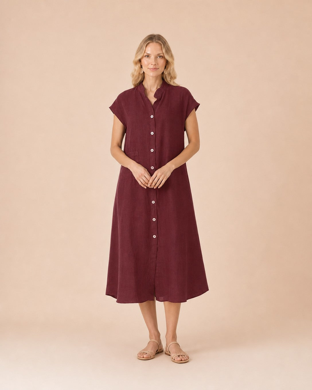 Button-Front Linen Midi Shirt Dress Front View in Red