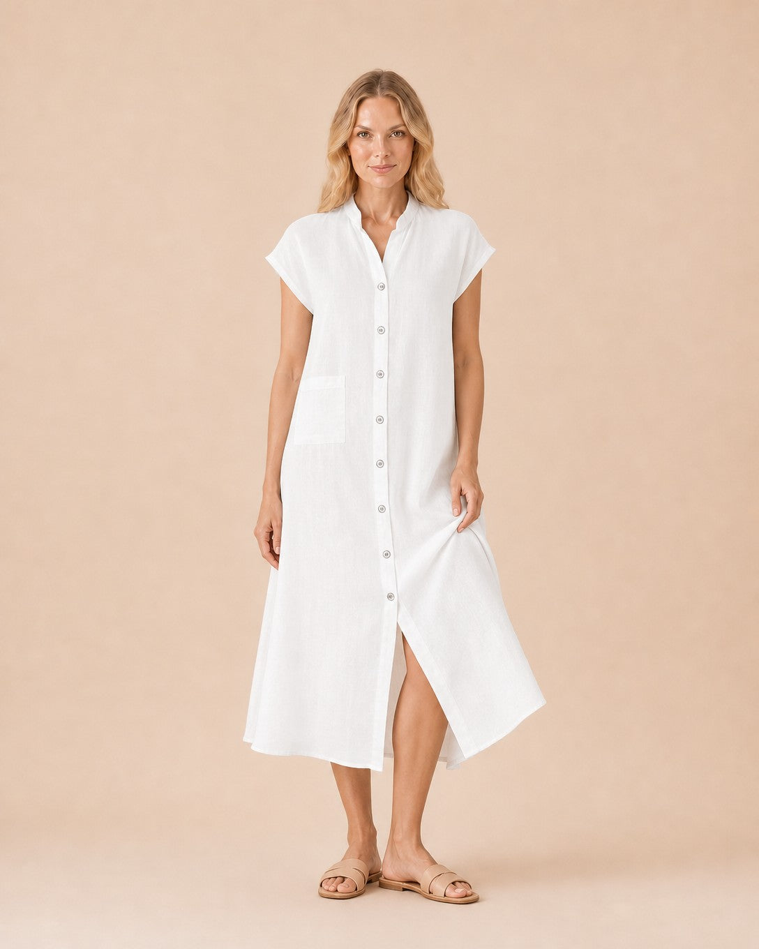Button-Front Linen Midi Shirt Dress Front View in White