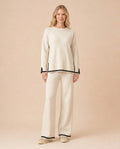 Contrast Trim Knit Top and Pants Set Front View in Apricot