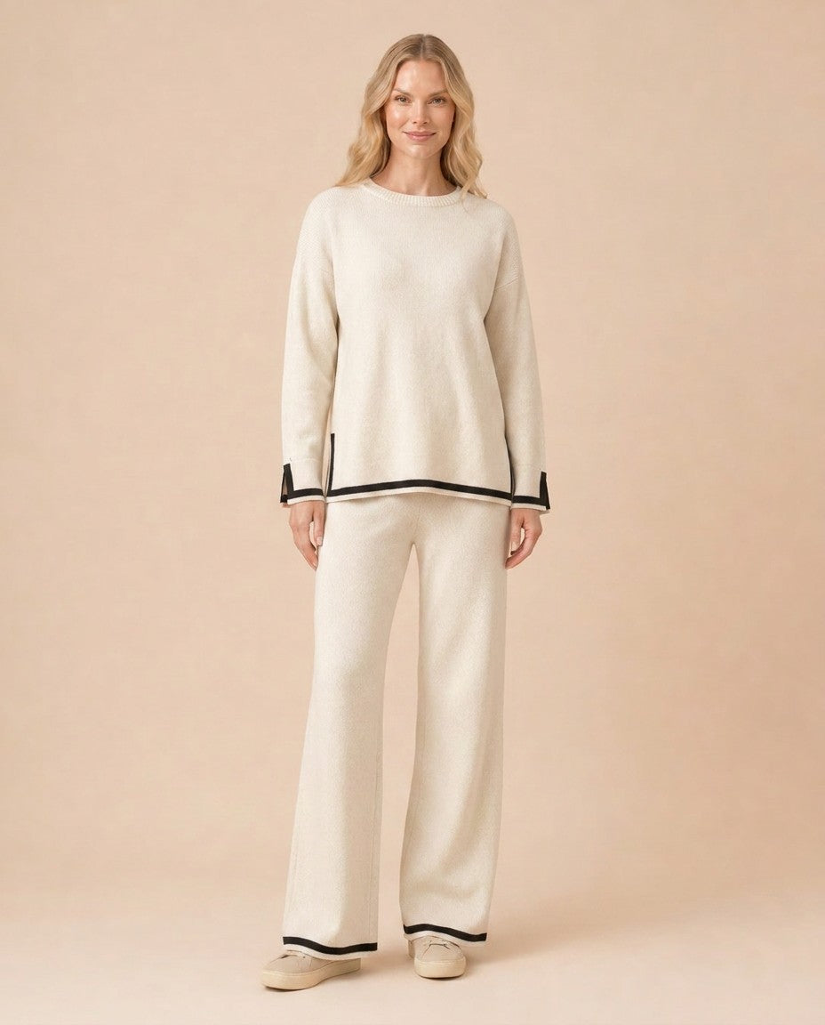 Contrast Trim Knit Top and Pants Set Front View in Apricot