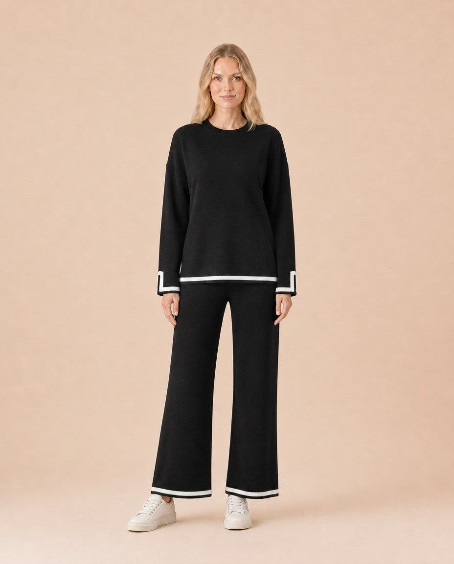 Contrast Trim Knit Top and Pants Set Front View in Black