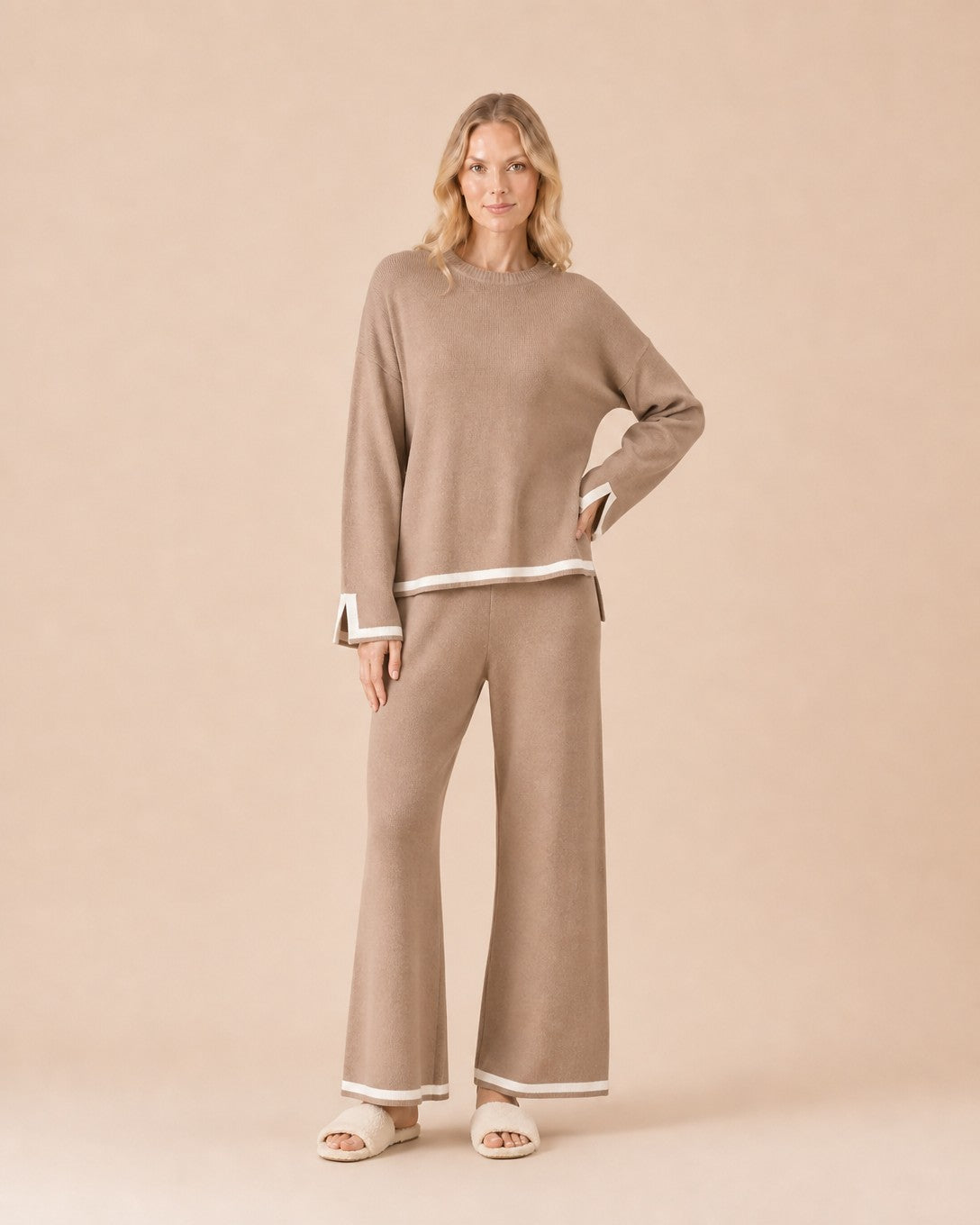 Contrast Trim Knit Top and Pants Set Front View in Khaki
