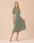 Ditsy Floral Print Puff Sleeve Midi Dress Front View in Green