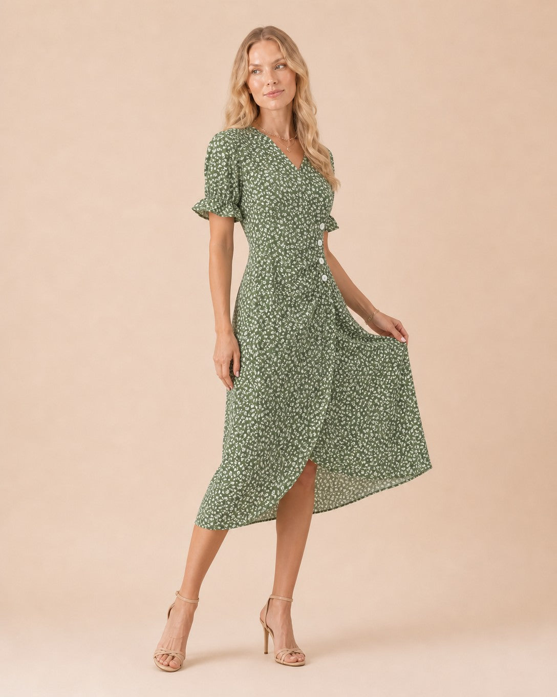Ditsy Floral Print Puff Sleeve Midi Dress Front View in Green