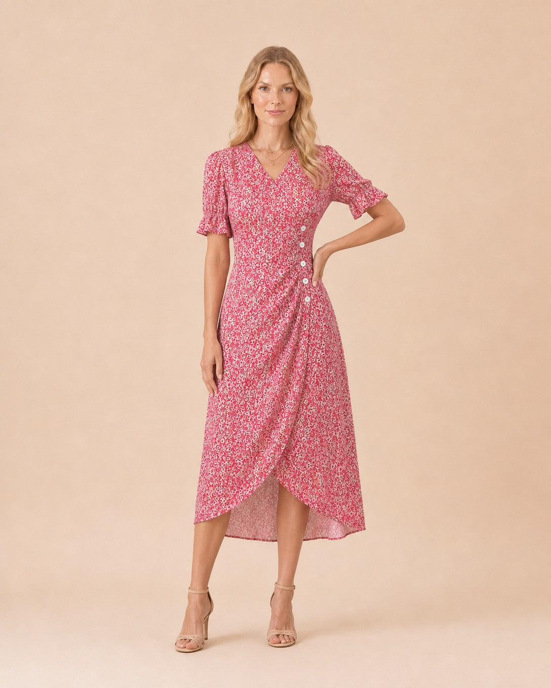 Ditsy Floral Print Puff Sleeve Midi Dress Front View in Red