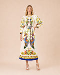 Embroidered Peacock Print Puff Sleeve Midi Dress Front View White