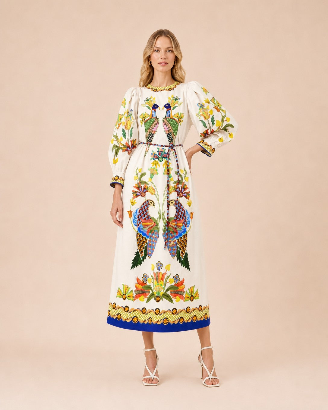 Embroidered Peacock Print Puff Sleeve Midi Dress Front View White