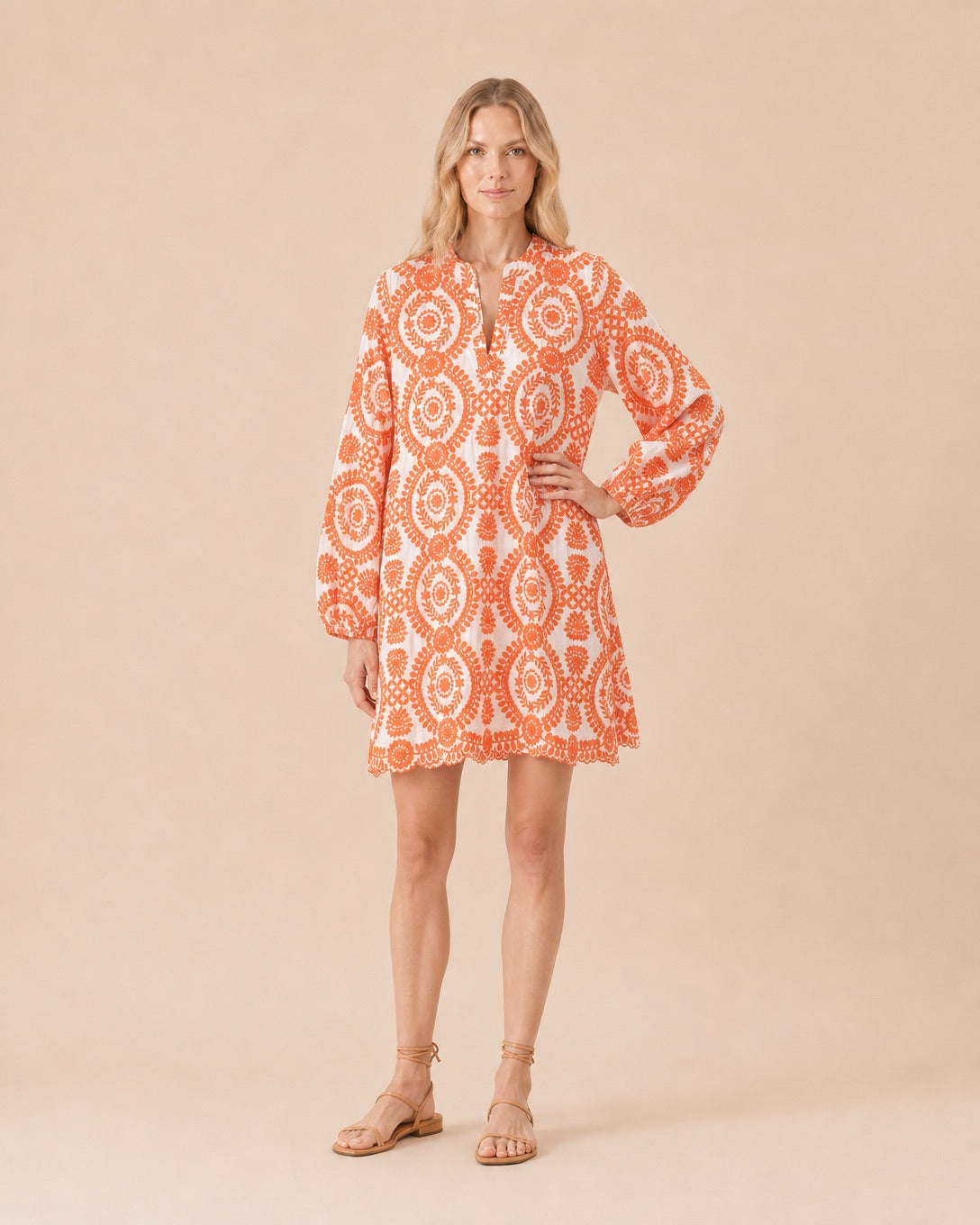 Embroidered Print V-Neck Mini Dress Front View in Orange