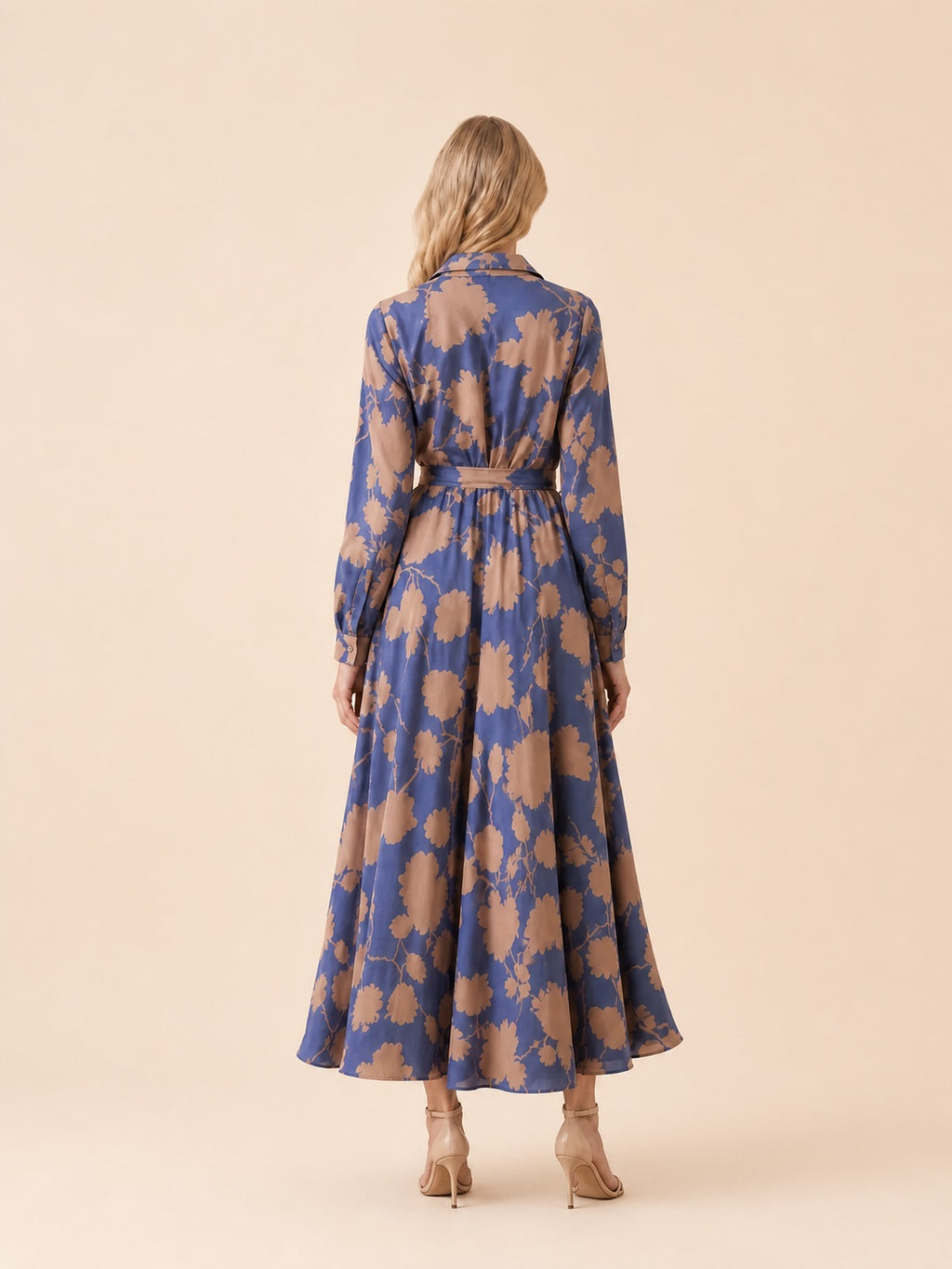 Floral Print Collared Maxi Shirt Dress Back View in Dusty Blue