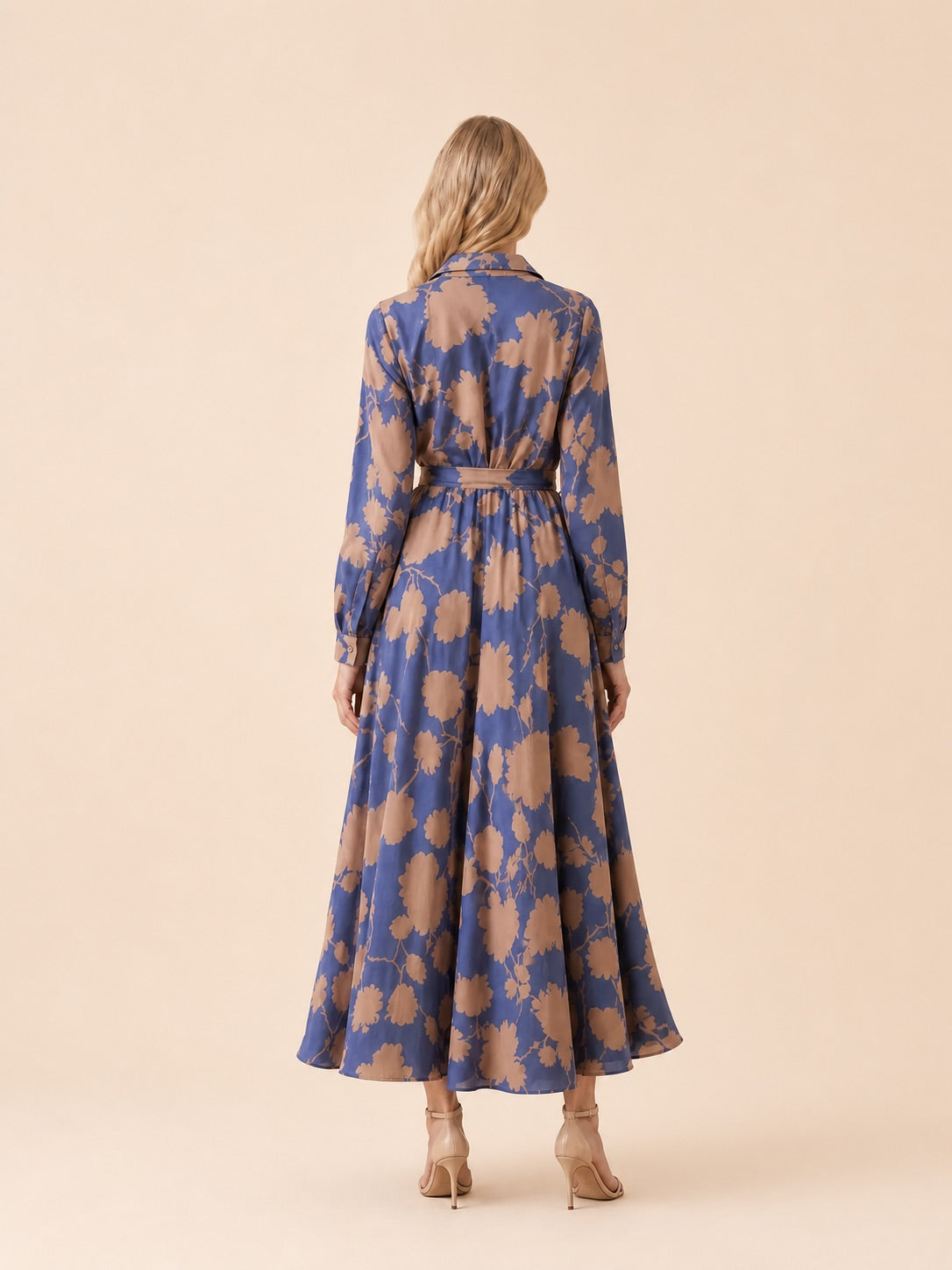 Floral Print Collared Maxi Shirt Dress Back View in Dusty Blue