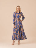 Floral Print Collared Maxi Shirt Dress Front View in Dusty Blue