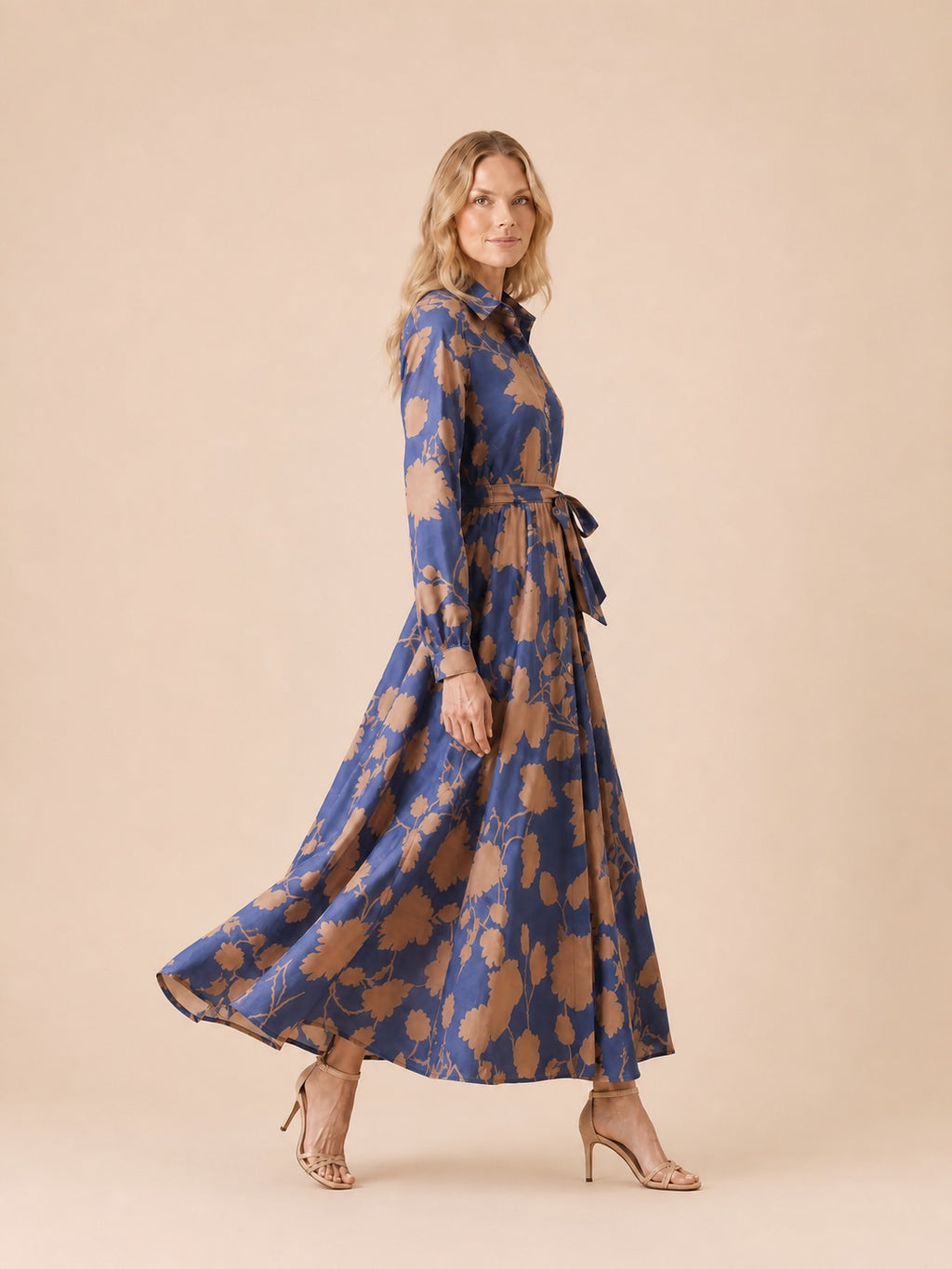Floral Print Collared Maxi Shirt Dress Side View in Dusty Blue
