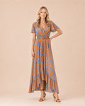 Floral Print Ruffled Sleeve High-Low Maxi Dress Front View in Orange