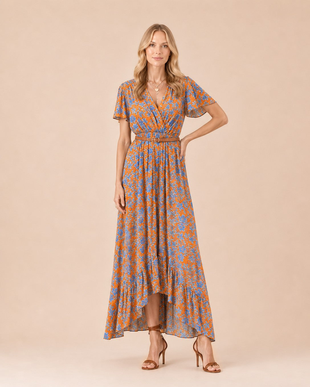 Floral Print Ruffled Sleeve High-Low Maxi Dress Front View in Orange