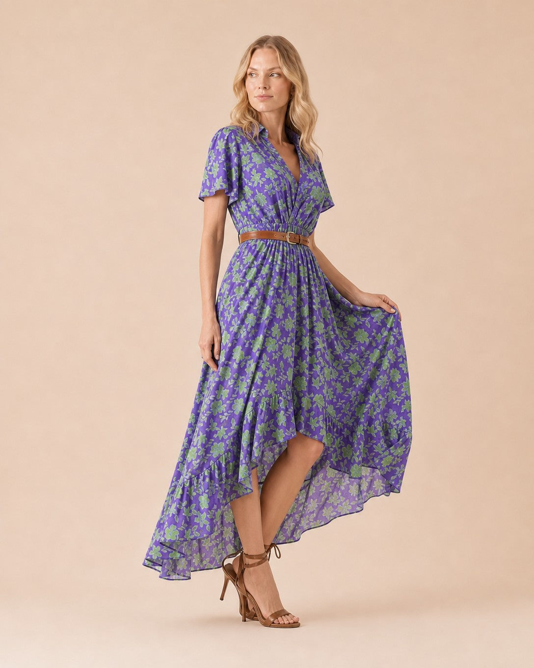 Floral Print Ruffled Sleeve High-Low Maxi Dress Front View in Purple
