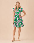 Floral Print Ruffled Sleeve Mini Dress Front View in Green