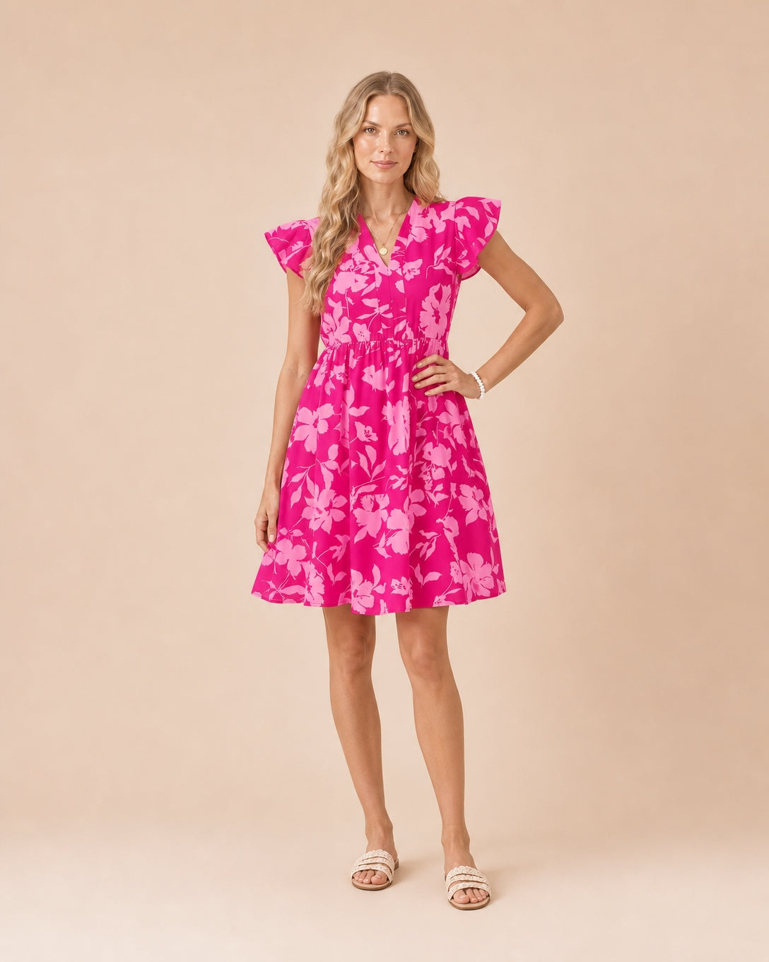 Floral Print Ruffled Sleeve Mini Dress Front View in Pink