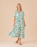 Floral Print V-Neck Maxi Dress Front View in Green