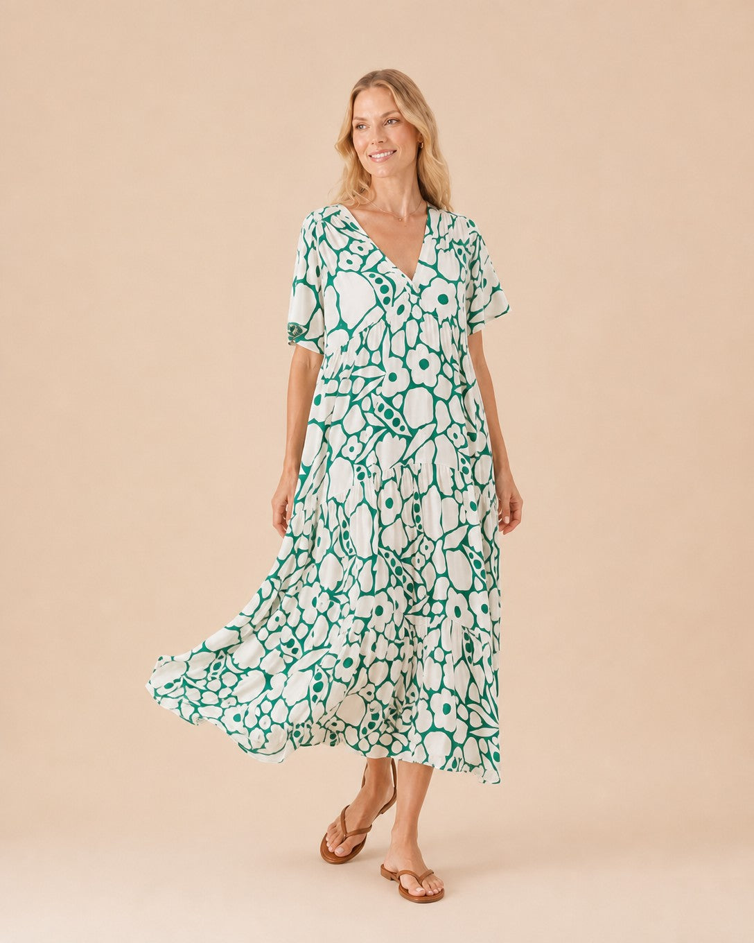 Floral Print V-Neck Maxi Dress Front View in Green