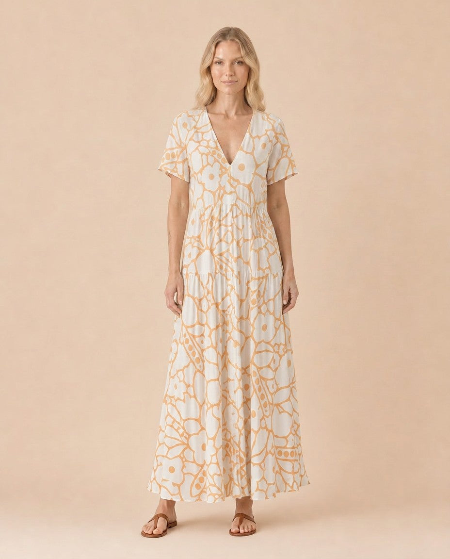 Floral Print V-Neck Maxi Dress Front View in Orange