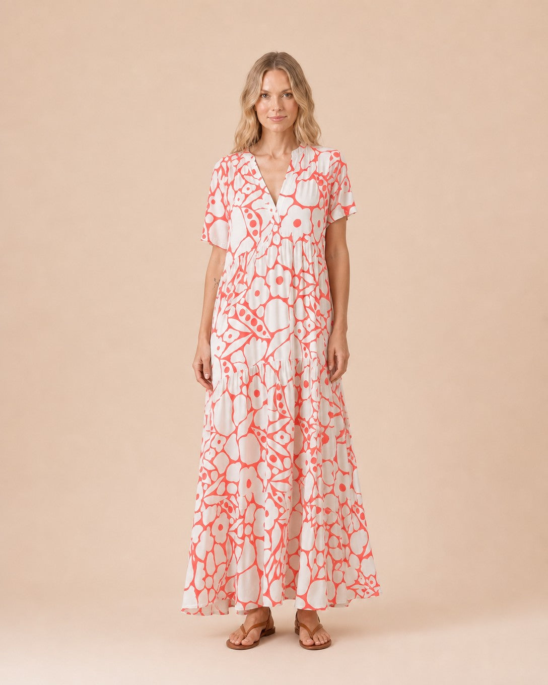 Floral Print V-Neck Maxi Dress Front View in Red
