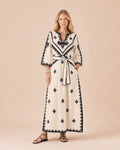 Geometric Print Belted Maxi Dress Front View in Beige