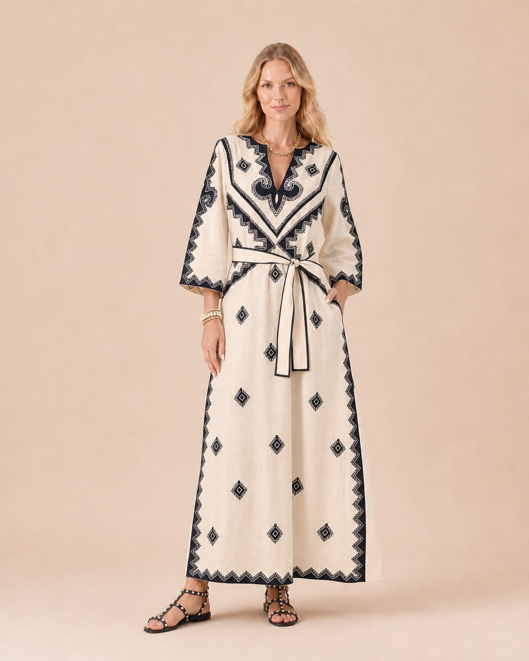 Geometric Print Belted Maxi Dress Front View in Beige