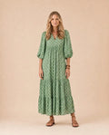 Geometric Print Flutter Sleeve Tiered Midi Dress Front View in Green 