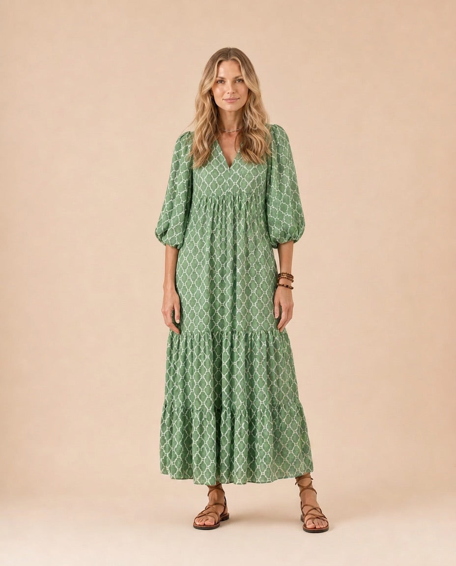 Geometric Print Flutter Sleeve Tiered Midi Dress Front View in Green 