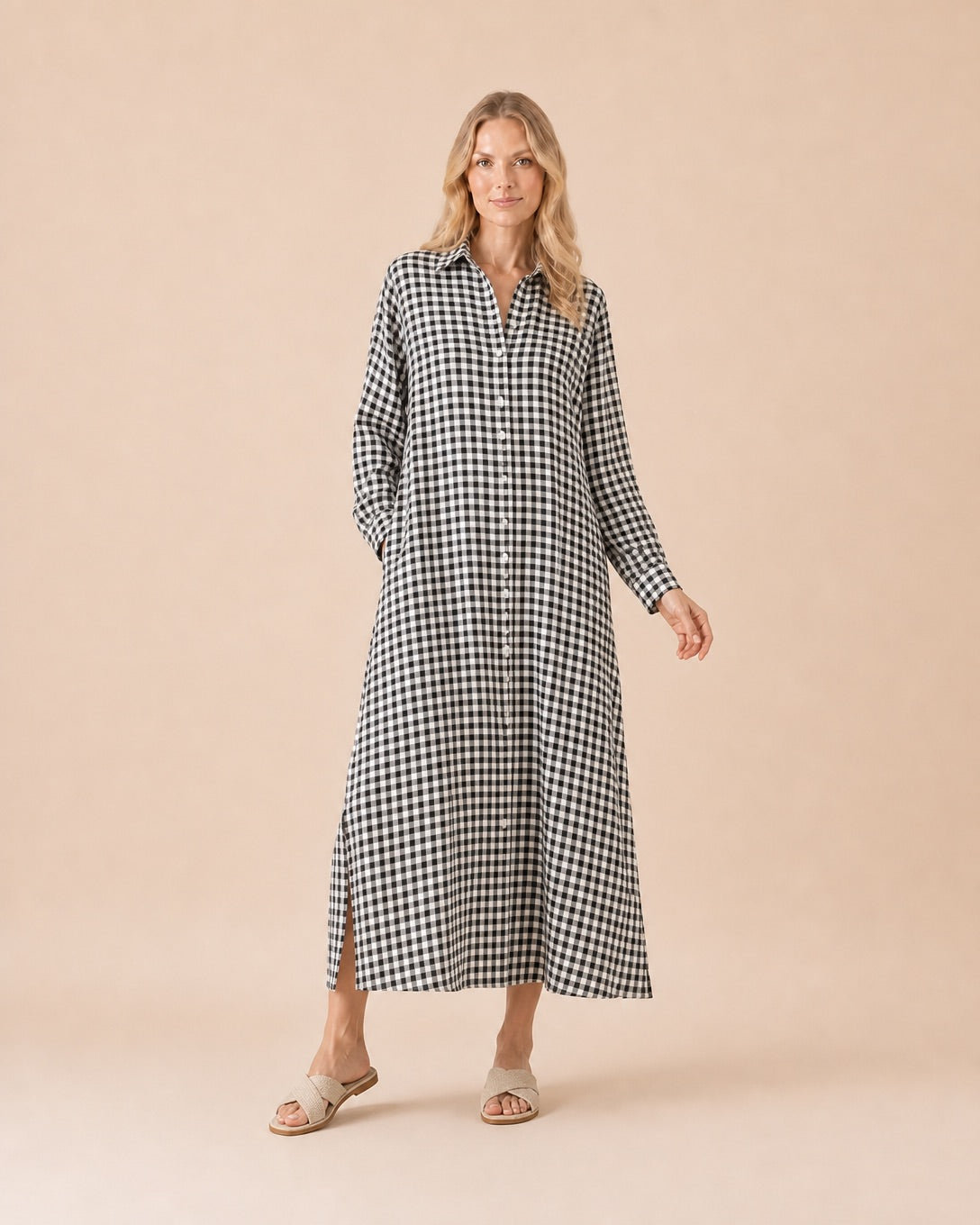 Gingham Button-Front Maxi Shirt Dress Front View in Black
