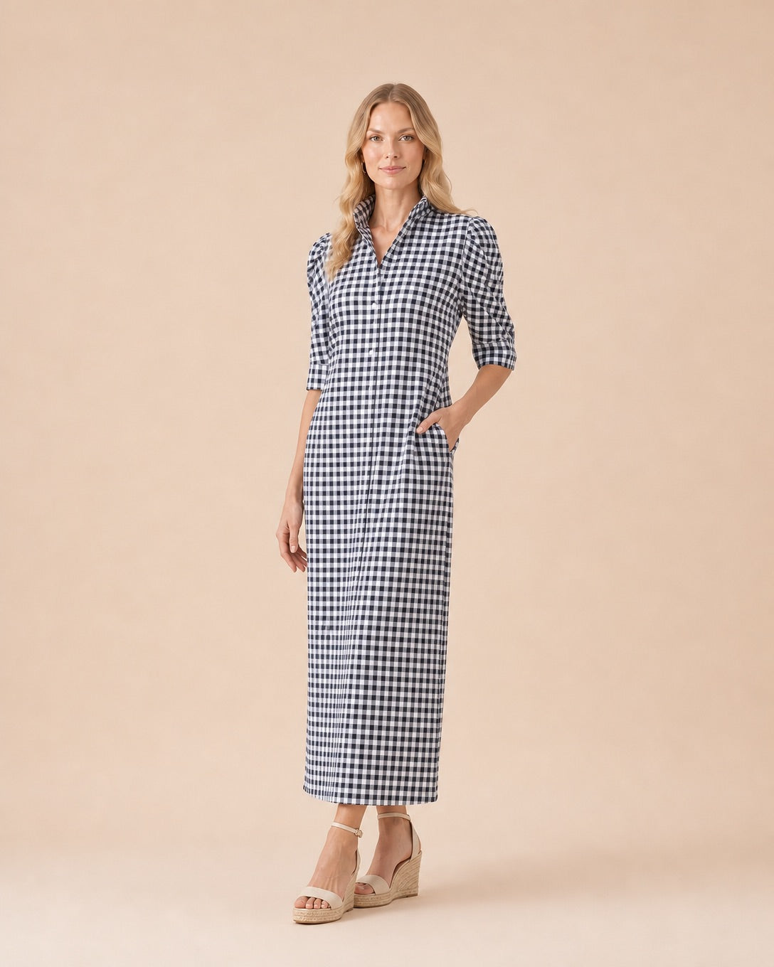 Gingham Print Collared Midi Dress Front View in Black