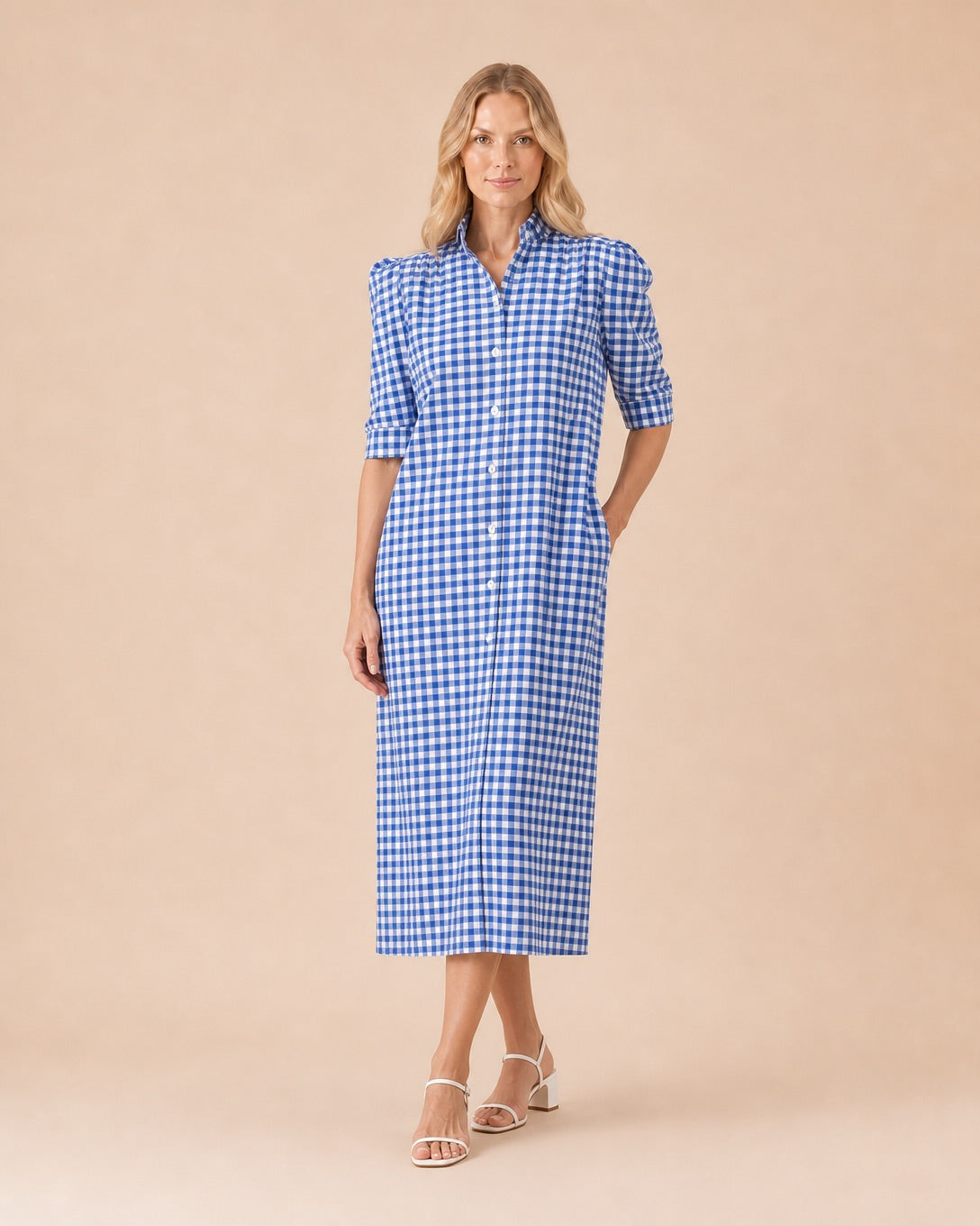 Gingham Print Collared Midi Dress Front View in Blue