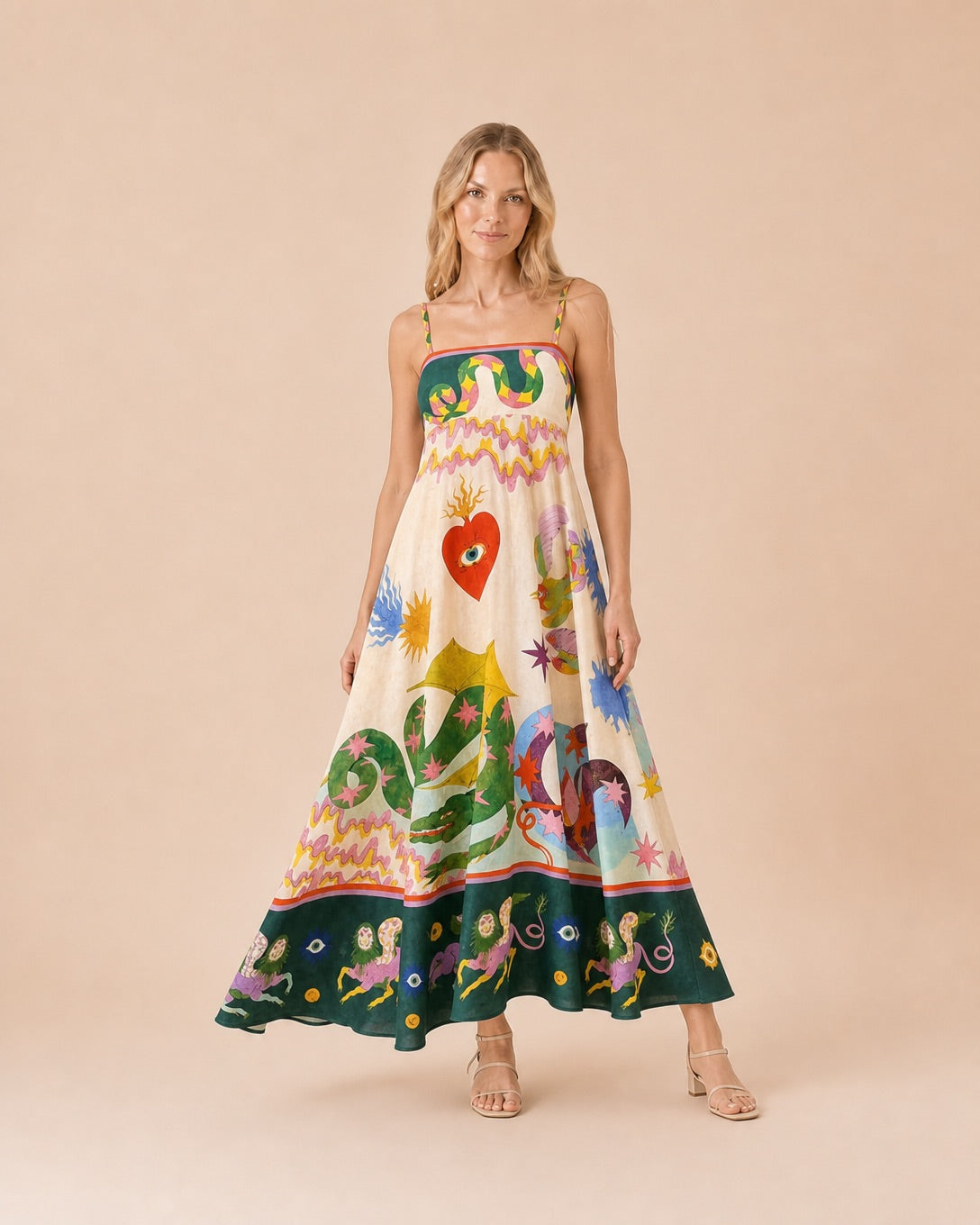 Graphic Print Spaghetti Strap Maxi Dress Front View in Oatmeal)
