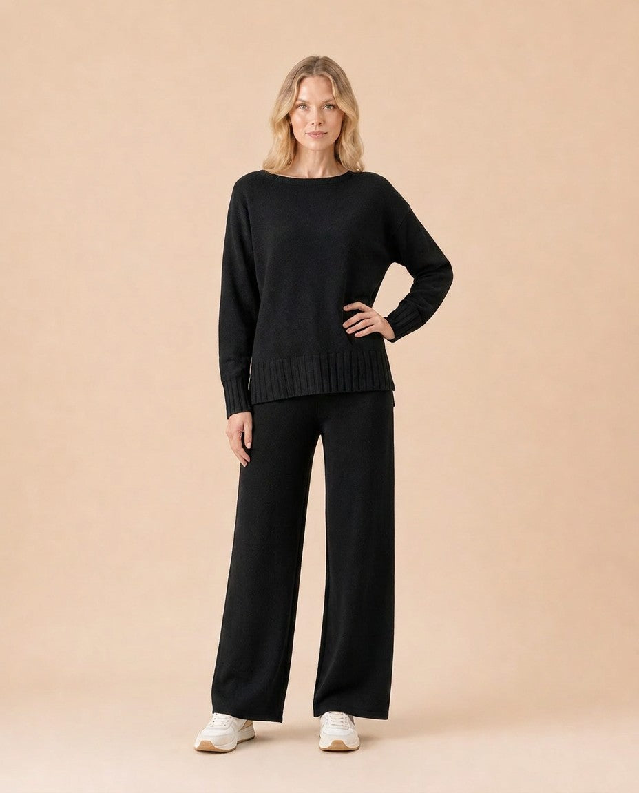 Knit Long Sleeve Top and Wide-Leg Pants Set Front View in Black