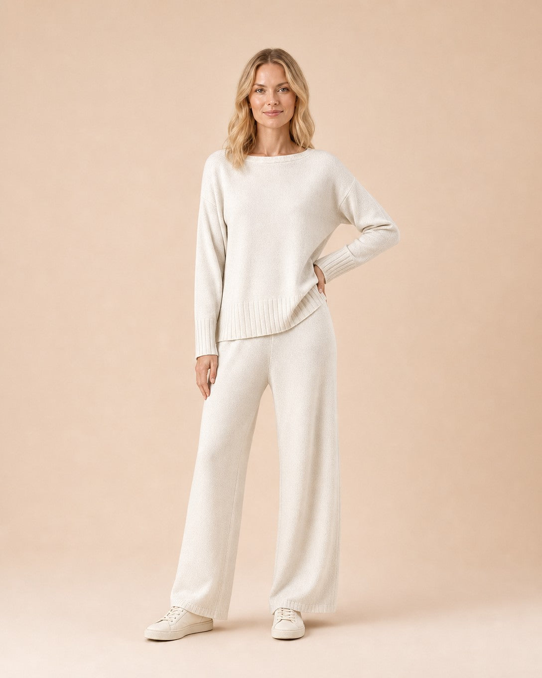 Knit Long Sleeve Top and Wide-Leg Pants Set Front View in White