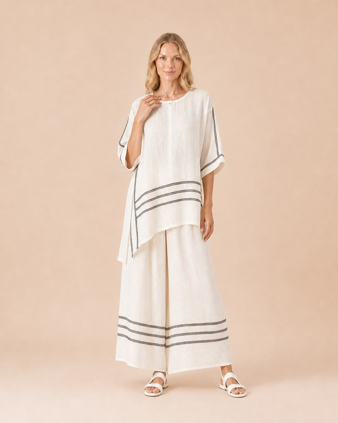 Linen Blend Striped Two-Piece Set Front View in Beige