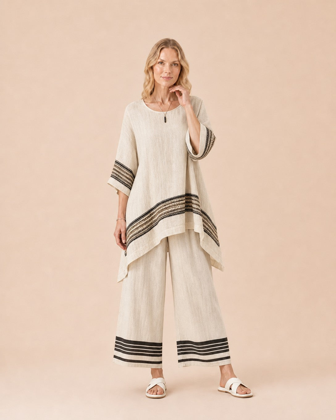 Linen Blend Striped Two-Piece Set Front View in Black