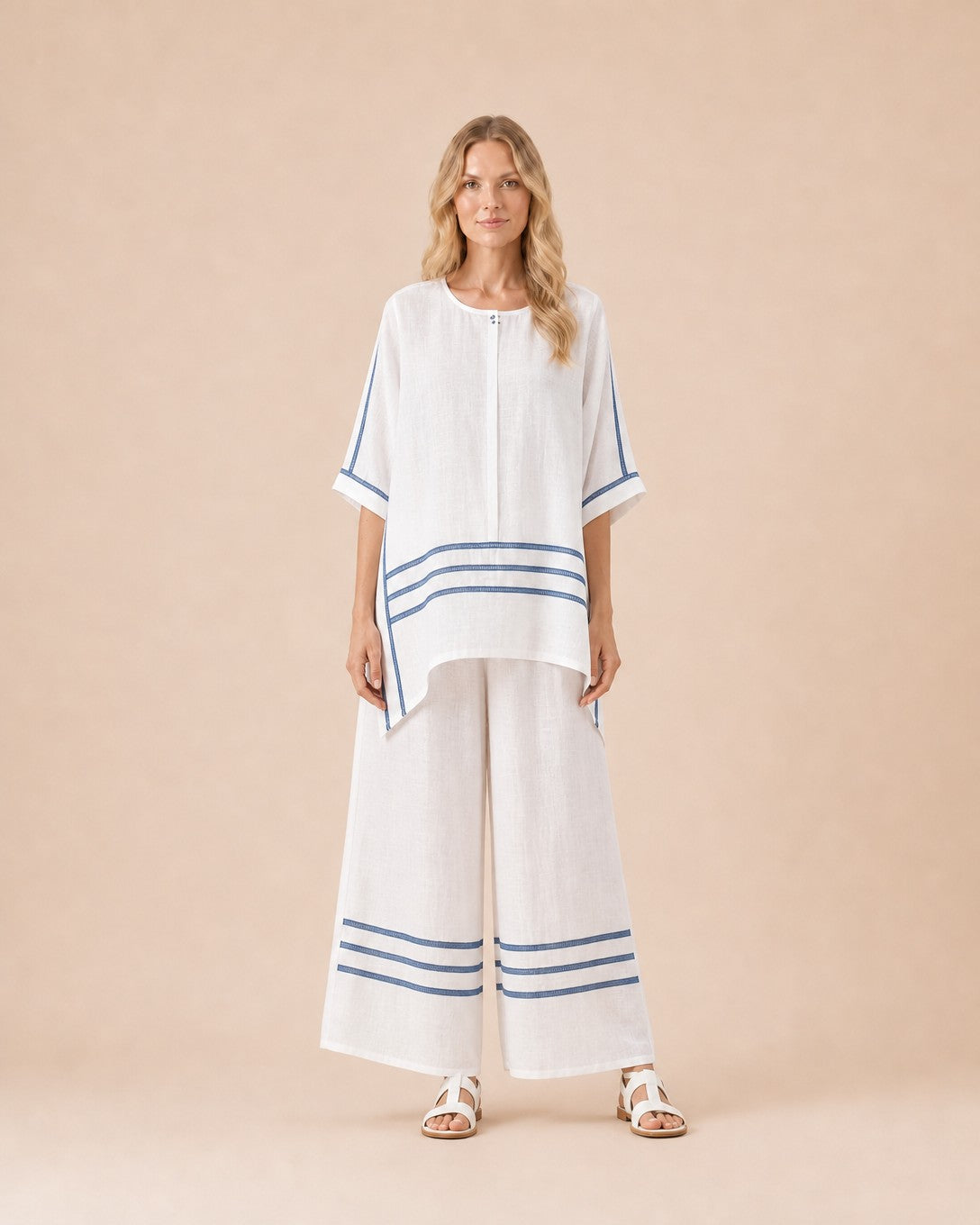Linen Blend Striped Two-Piece Set Front View in Blue