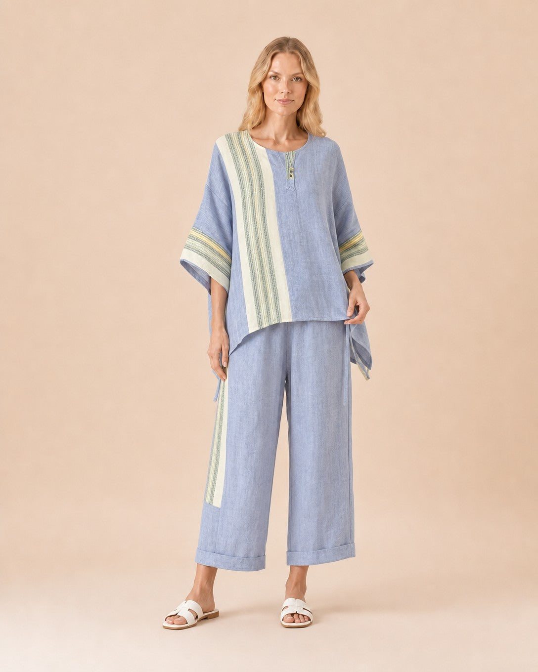 Linen Blend Striped Two-Piece Set Front View in Green