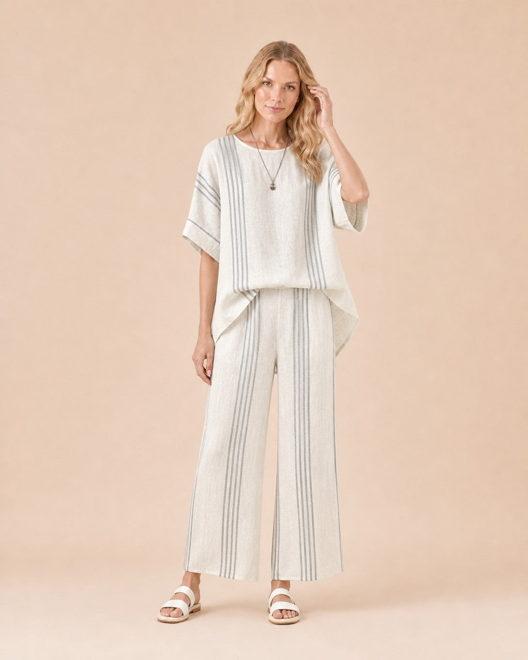 Linen Blend Striped Two-Piece Set Front View in Grey