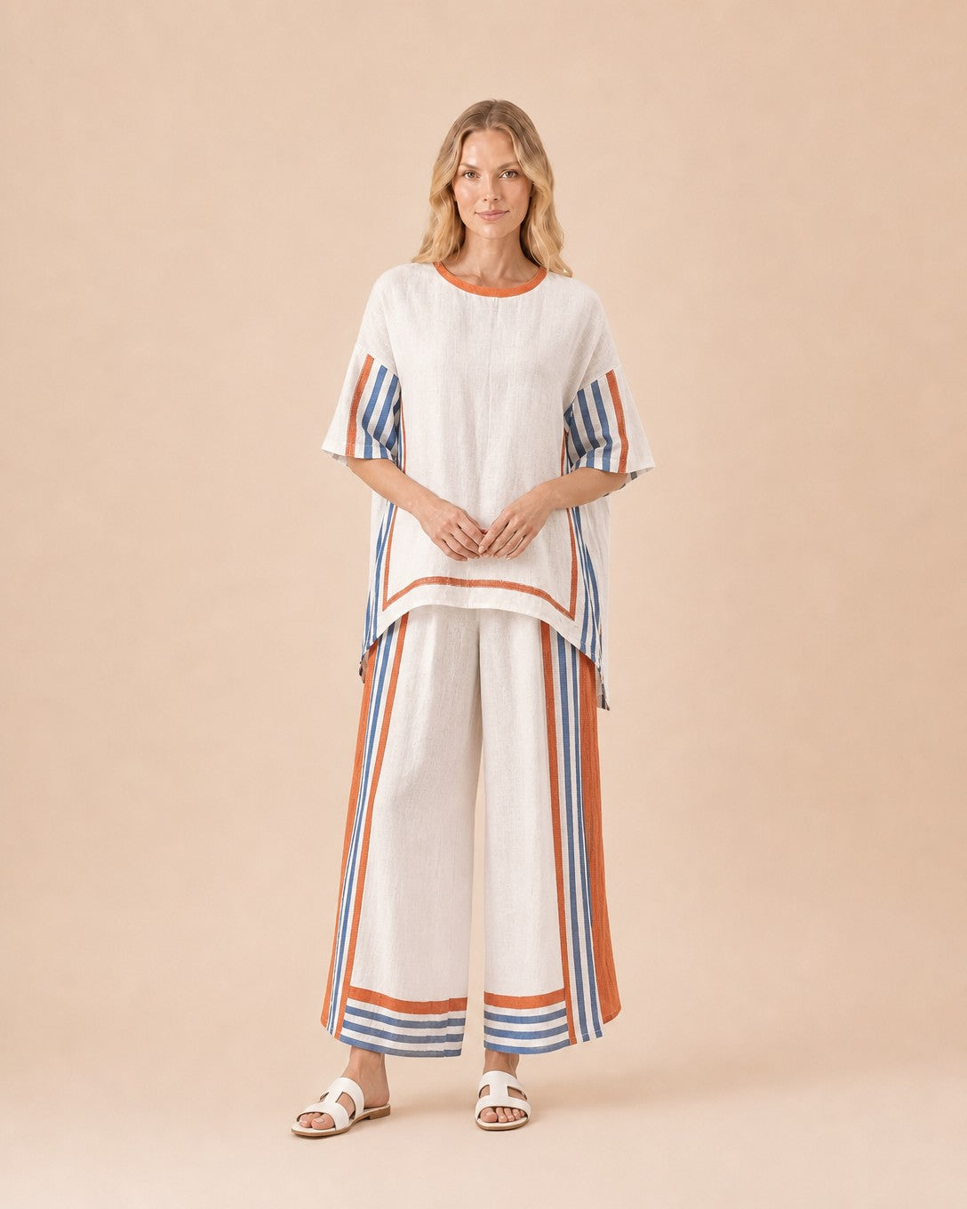 Linen Blend Striped Two-Piece Set Front View in Orange