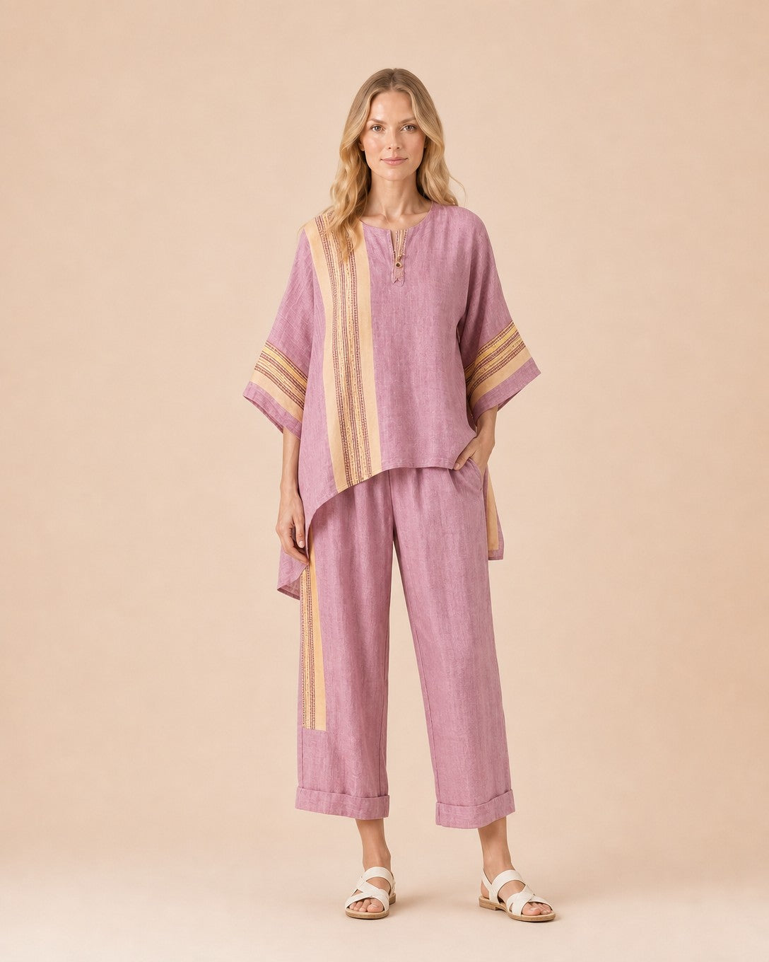 Linen Blend Striped Two-Piece Set Front View in Pink