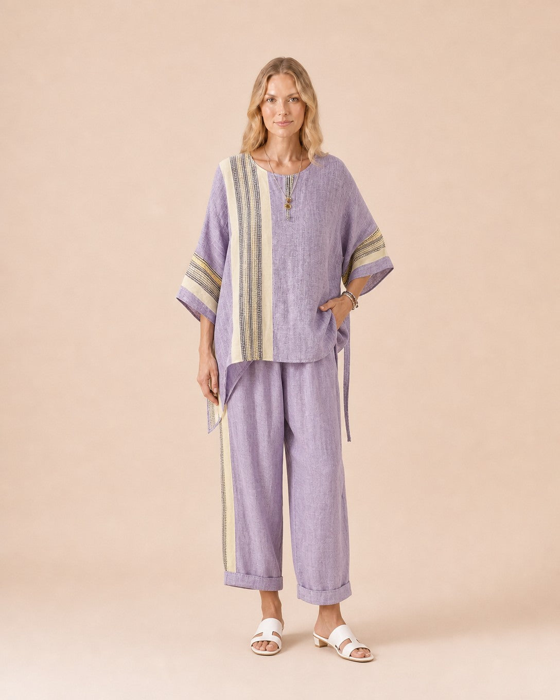 Linen Blend Striped Two-Piece Set Front View in Purple